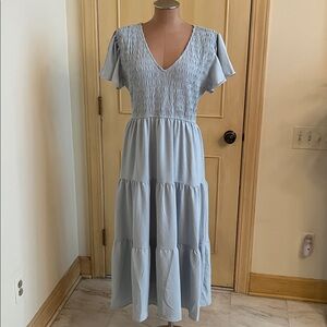 PERCH BY BLU PEPPER Cottage Core Smocked Flutter SLV Tiered Blue/Sage Midi 2X